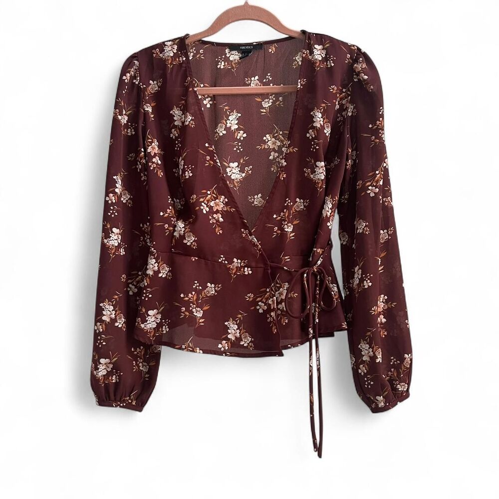 Y2K Floral Tie Front Wrap Blouse Baloon Sleeves Burgundy Red Size Small